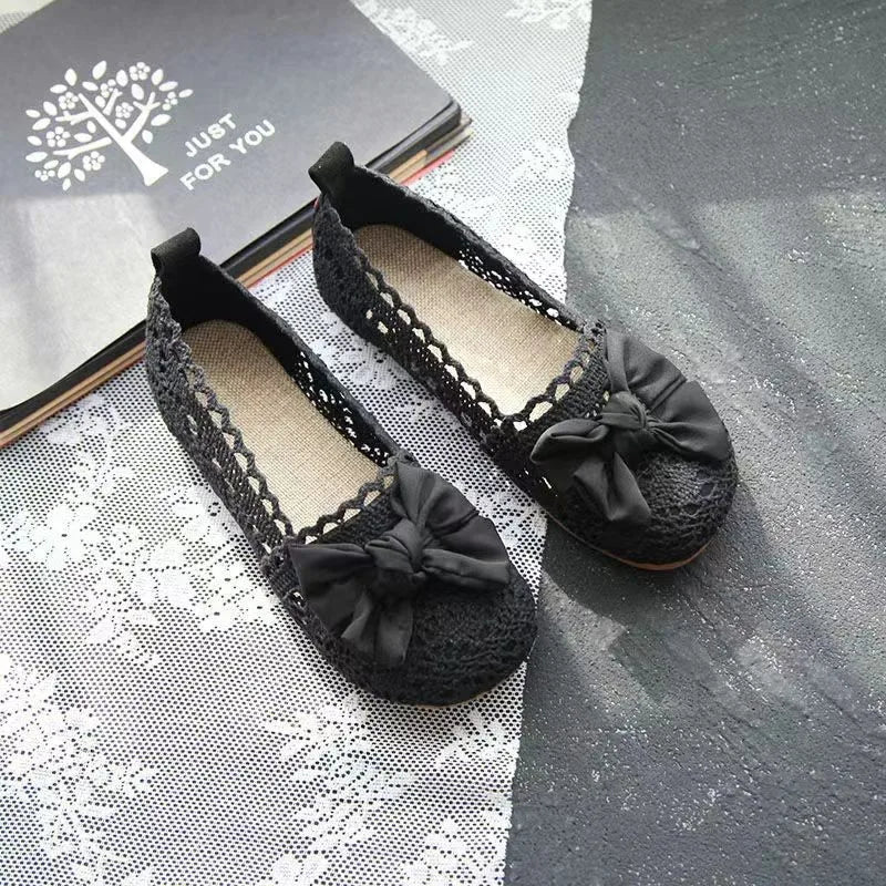 Summer 2026 Women's Flat Bottom Net Shoes Knot Hollow out Design Maternity Fisherman Shoes Casual Versatile Footwear