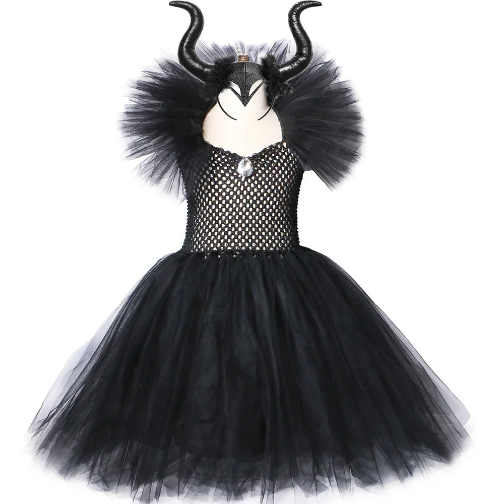 Girls Black Evil Queen Maleficent Tutu Dress Horns Wings Dark Witch Cosplay Carnival Halloween Costume for Kids Fancy Clothes