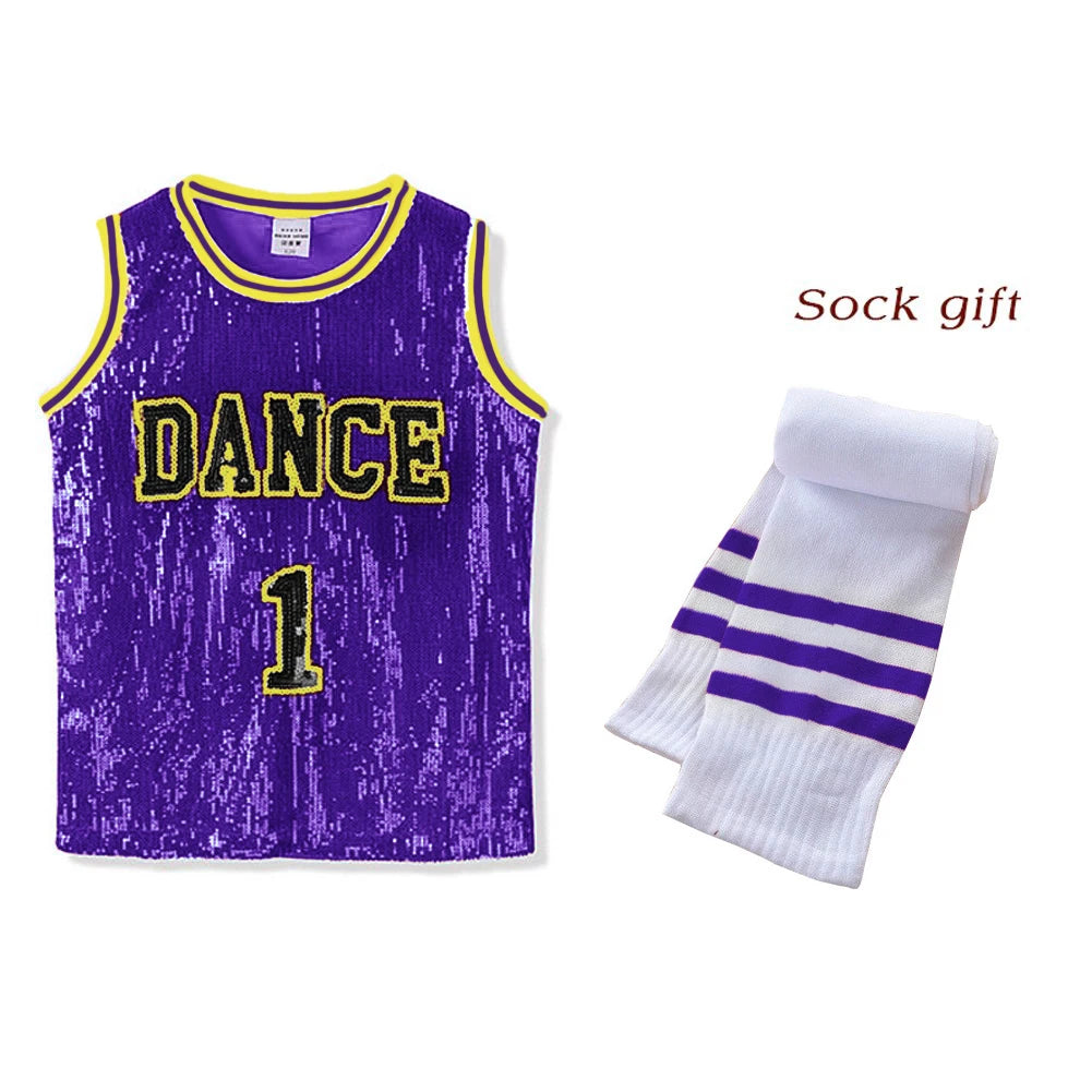 LOlanta Girls Hip Hop Dance Clothes Kids Jersey Sequin Dress Long Tank Top Jazz Cheerleading T-Shirt