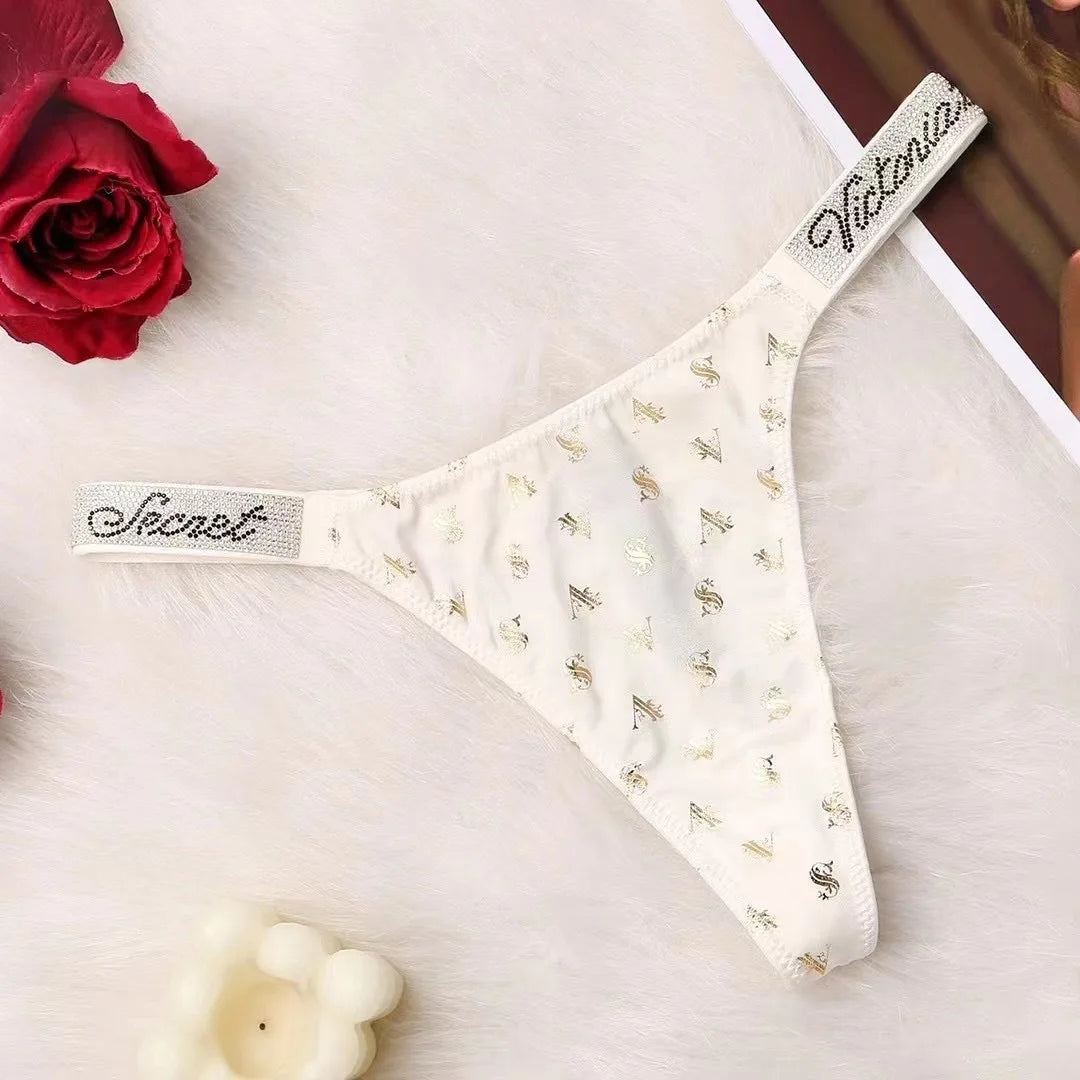 Fashion large size printed women's underwear comfortable rhinestone sexy underwear pink brand thong seamless t-pants metal chain