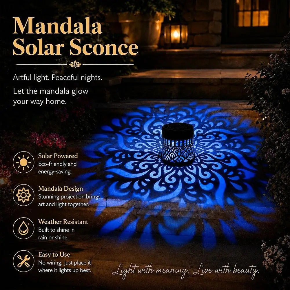 Solar Mandala Projection Waterproof Lantern, Hollow LED Wall Light for Backyard Pathway Courtyard Outdoor Night Decor