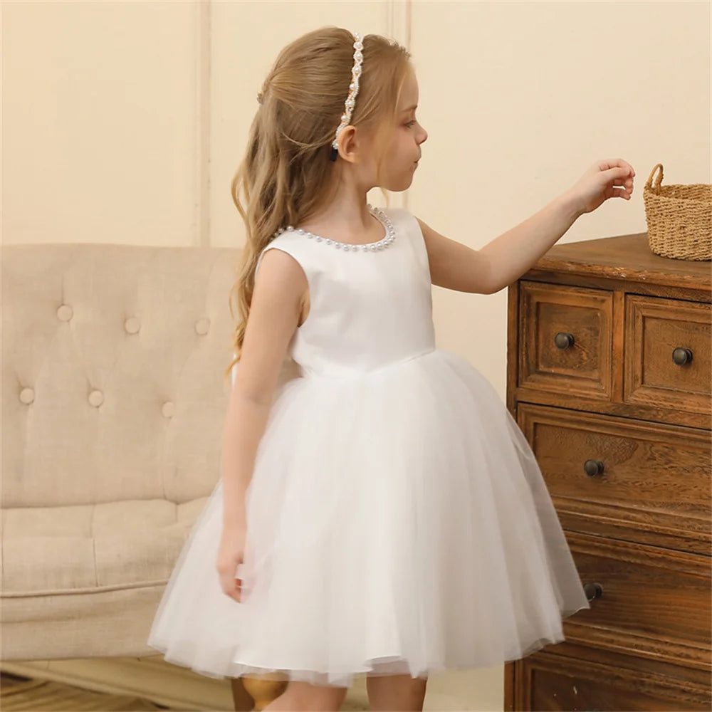 Toddler Girl Flower Birthday Tulle Pearl Dress Backless Bow Wedding Gown Baby Girl Bowknot Dresses Kid Party Wear Princess Dress