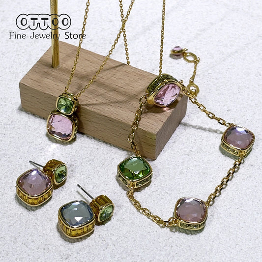 Original 2025 Candy Earrings Necklace Bracelet Fine Jewelry Set Women Geometric Cube Candy Double-Sided Crystal Jewelry