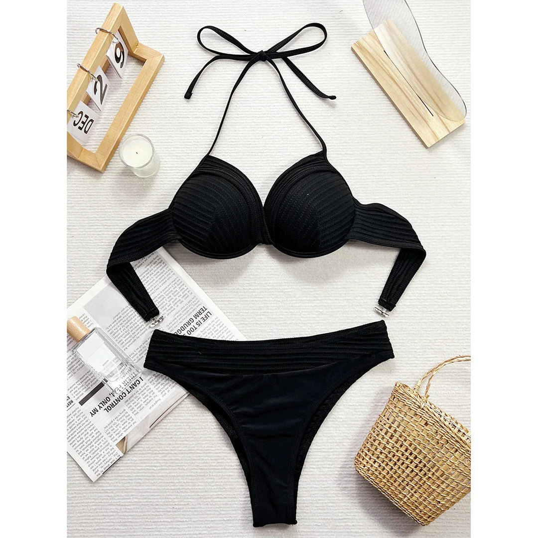 Wrinkled Halter Underwired Bikini Women Swimwear Female Swimsuit Two-Pieces Bikini Set Mid Waist Bather Bathing Suit Swim V5440