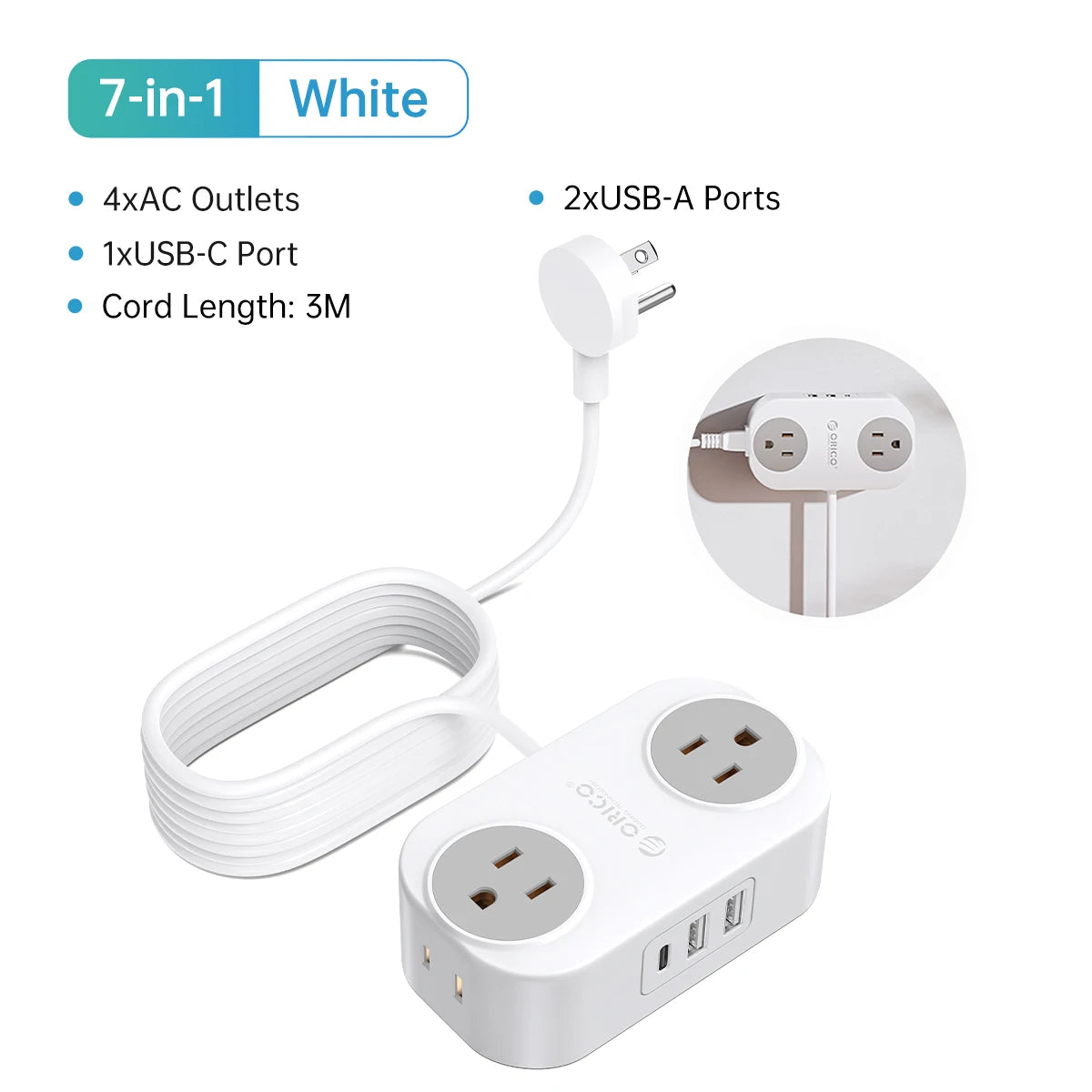 ORICO Travel Power Strip with USB C AC Outlets 3 USB Ports Wrapped Flat Plug Extension Cord with Multiple Outlets for Travel
