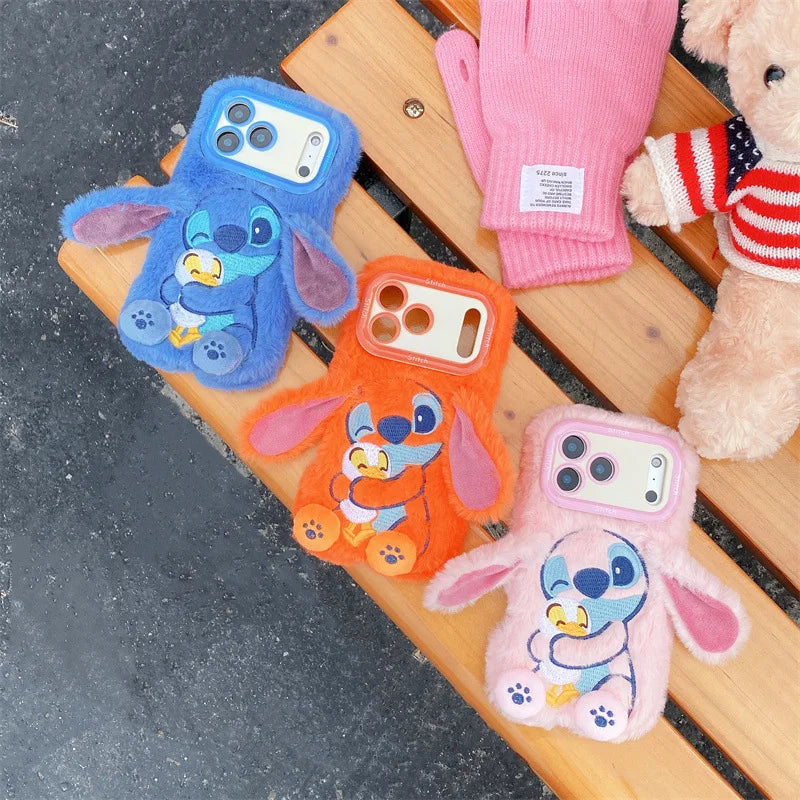 Plush Embroidery Stitch iPhone Case with Stand Furry Ears Cover for iPhone 13 17 Pro Max 16 15 Cute Shockproof Phone Accessories
