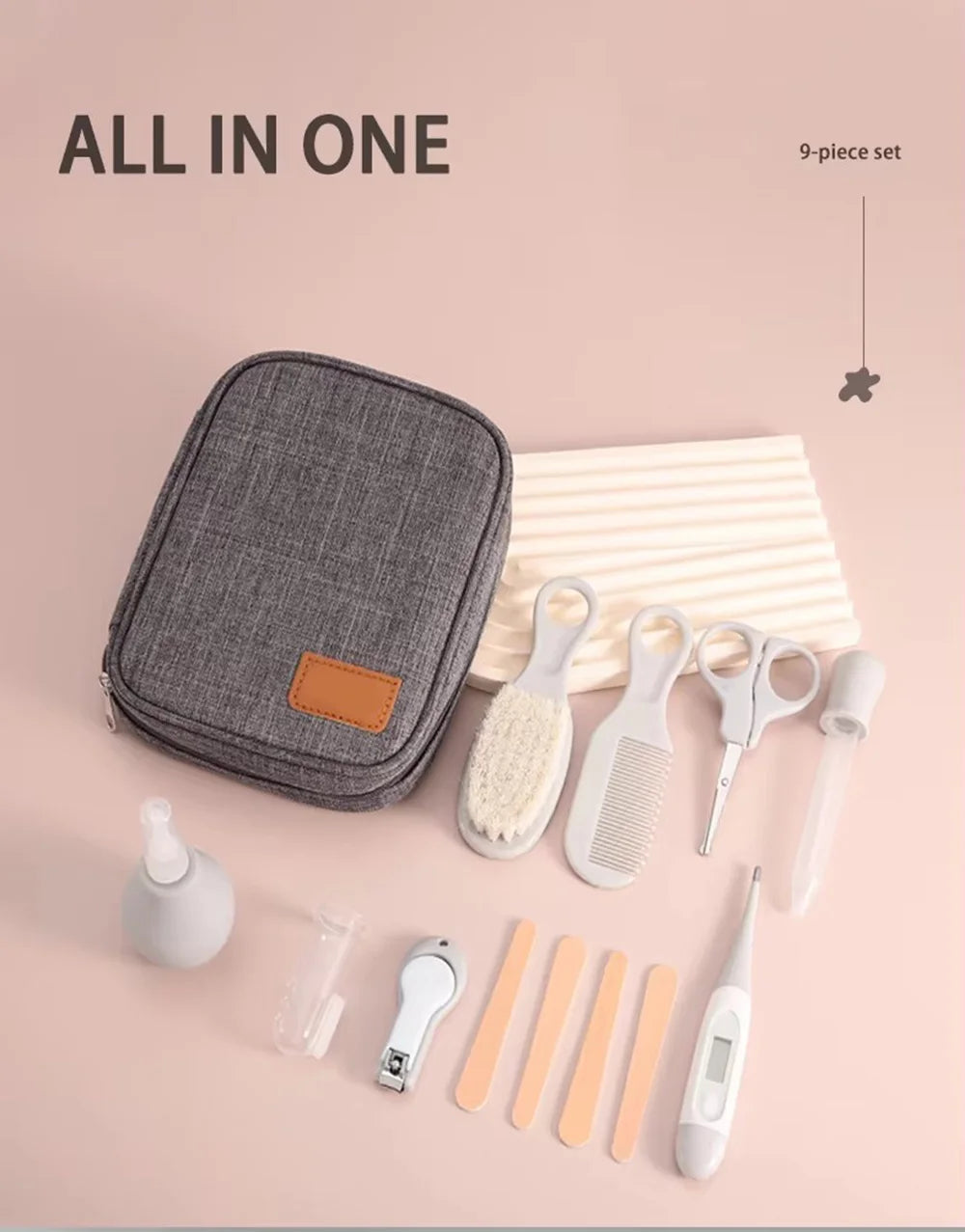 Baby Grooming Kit 9PCS Newborn Care Set with Nail Clipper Hair Brush Comb Thermometer Baby Hygiene Essentials Travel Kit