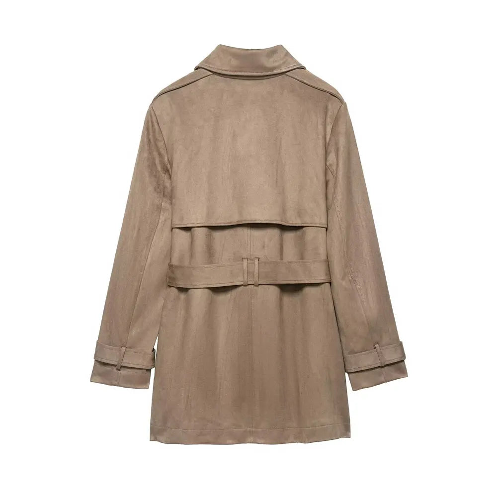 Women Fashion With Belt Faux Suede Trench Coat Long Sleeve Double-breasted Female Outerwear Chic Tops