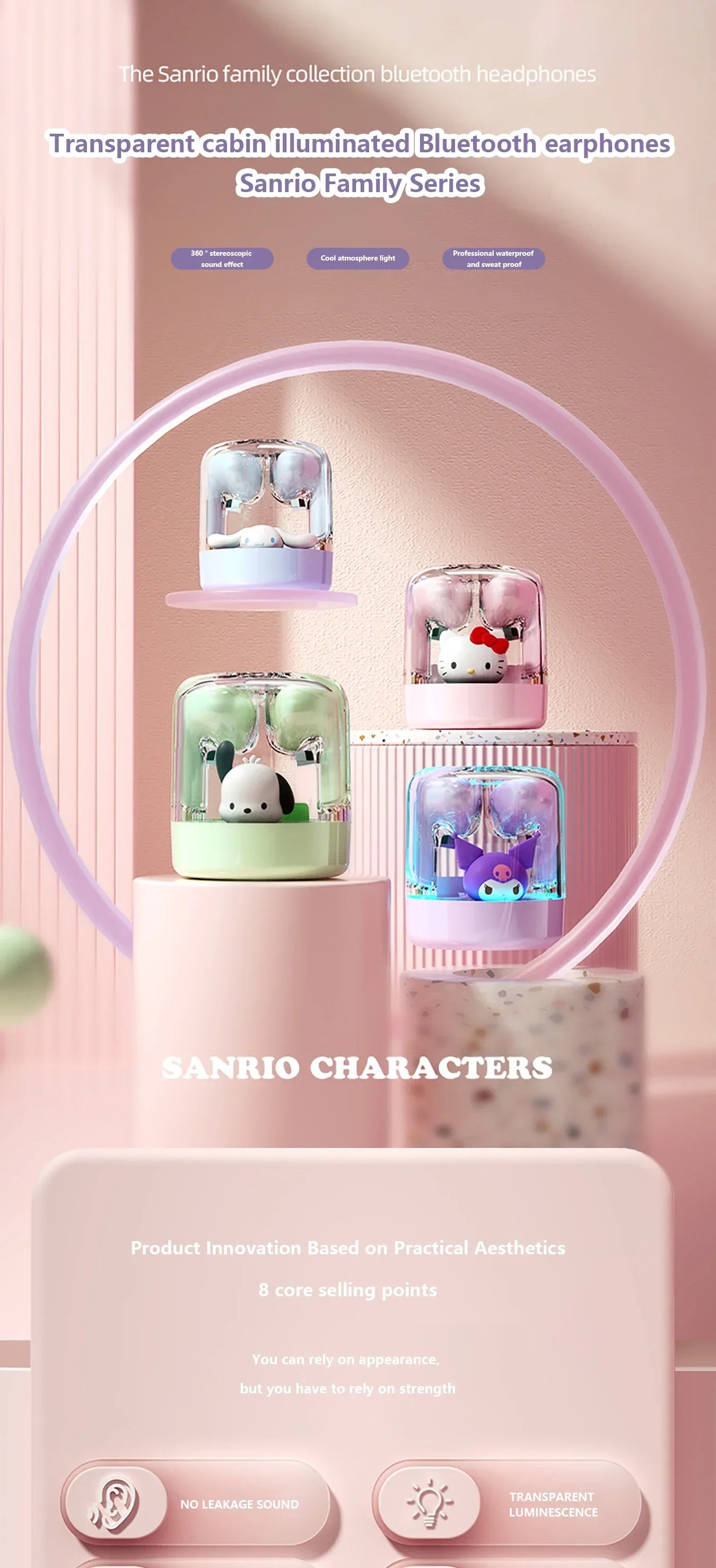 Sanrio EJ-986 TWS Earbuds Kuromi Hello Kitty Wireless Earphones Bluetooth Transparent Warehouse HIFI Sound Headsets Long Battery