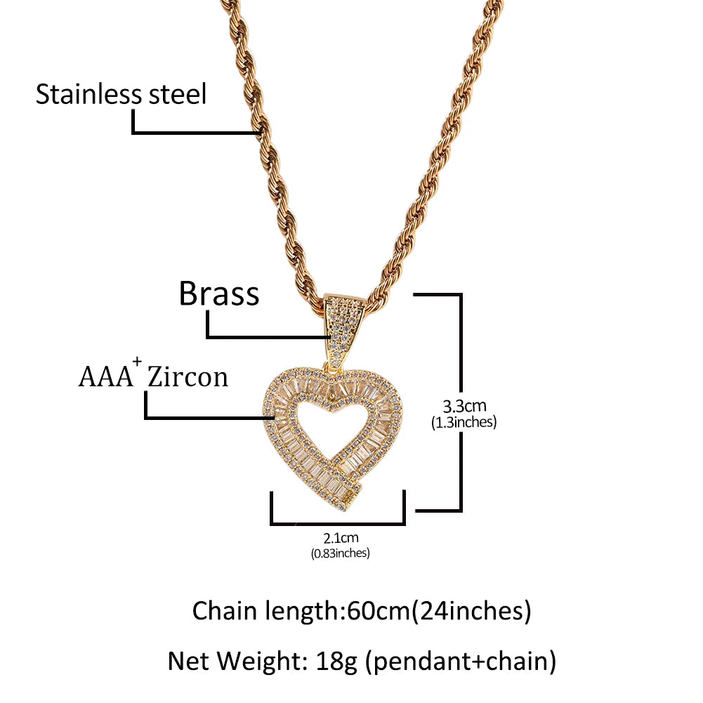 UWIN Baugettecz Heart Charms for Women Iced Out Cubic Zircoina Heart Pendant Necklaces Fashion Jewelry for Gift