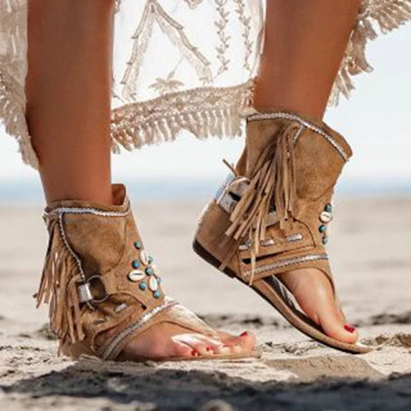 Womens Bohemian Ethinc Style Clip Toe Sandals Summer Breathable Tassel Flat Shoes Comfortable Vacation Beach Sandals Zapatos
