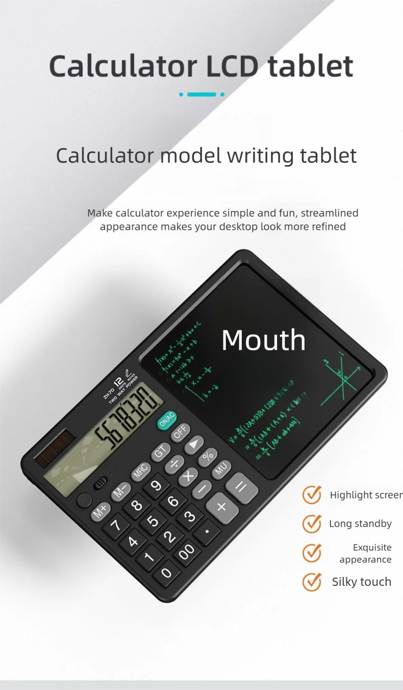 Desktop office calculator; Financial accounting; School office; Teacher student writing draft memo; Handwriting board computer.