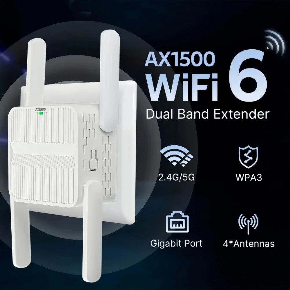 5Ghz AX1500 WiFi 6 Repeater Extender Signal Booster 2.4G/5GHz Dual Band 4*2DBI Antennas Amplifier Long Range Network Easy Set