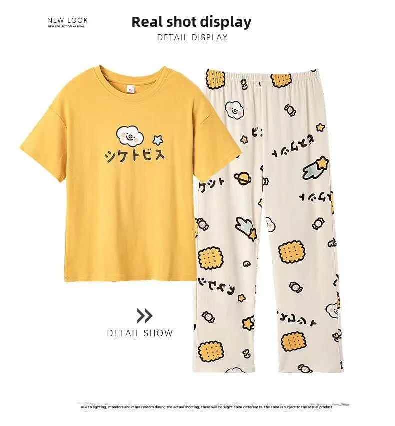 Pyjamas Set for Women‘s Short Sleeve Long Pants Student Casual Cartoon Bear Sweet Cuet Sleepwear Loungewear Romantic Nightwear