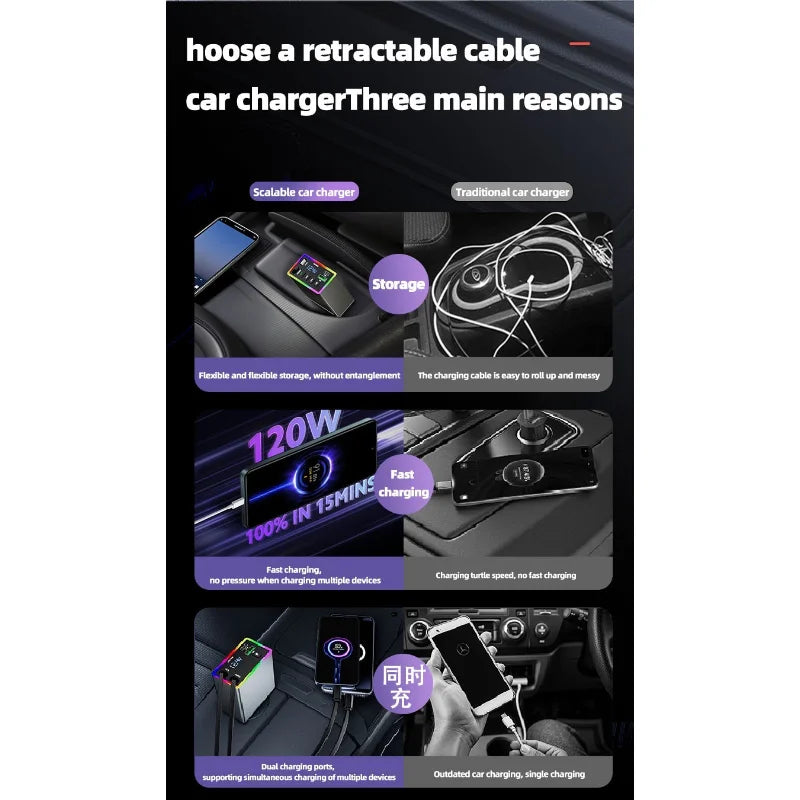 M38 FM Bluetooth MP3 Transmitter 4-in-1 120W Fast Charge Retractable Cable Car Charger with Colorful Light Built-in Media Player