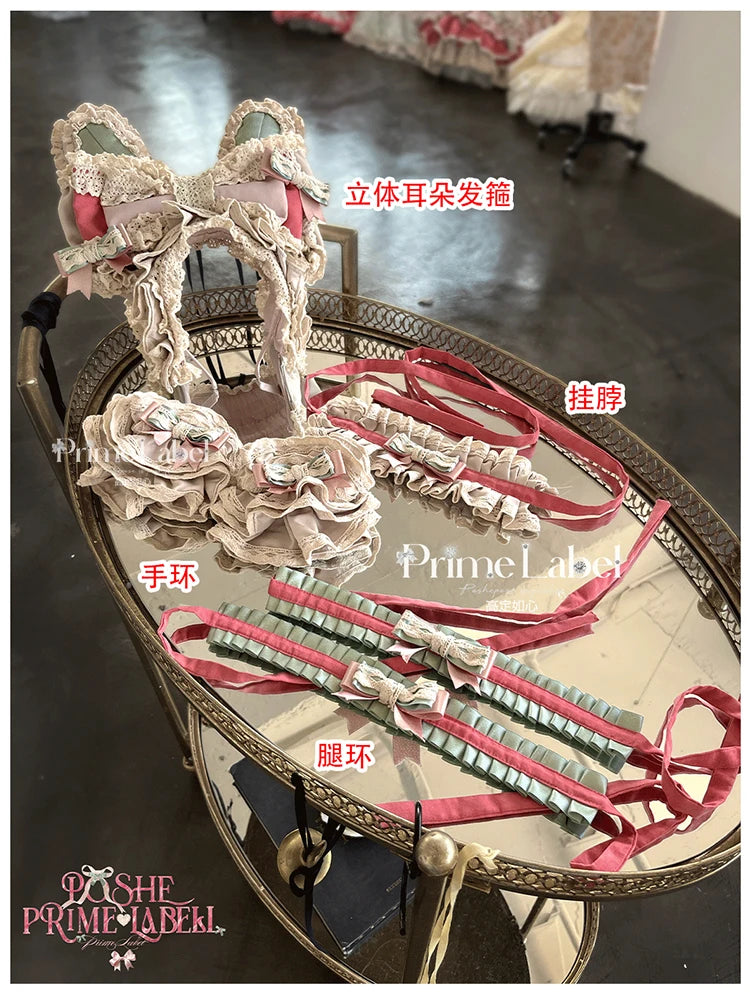 Sweet Cute Girls Lolita Clothing Accessories Set Princess Ribbon Lace Bow Headband Choker Necklace Bracelet and Leg Ring