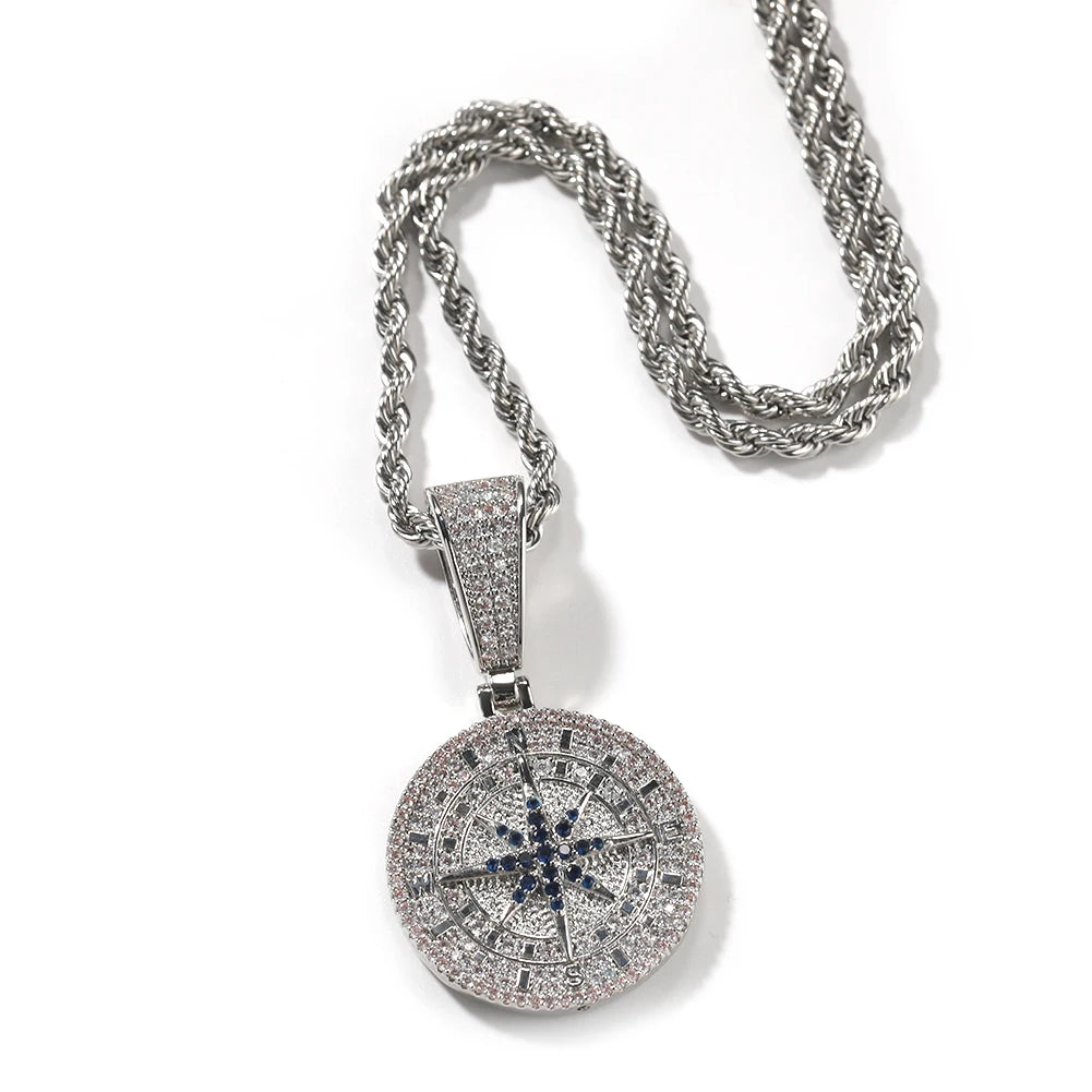 UWIN Compass Pendant Necklaces for Men Women Iced Out Black and White Cubic Zirconia Charms Fashion Jewelry for Gift