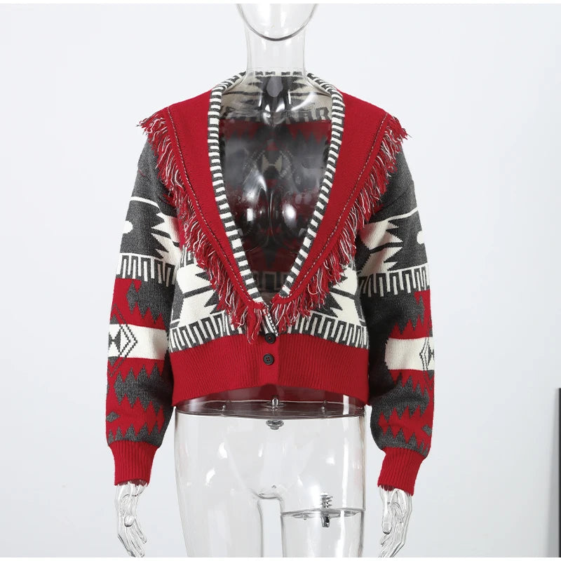 Women's Print Fringe Knitted Vest Coat Fashion Sleeveless Tie Waist Pocket Cardigan Sweater Lady 2025 Autumn Casual Outerwear