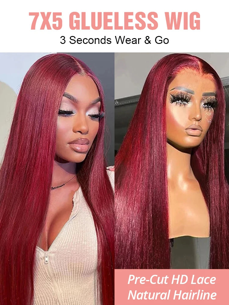 Burgundy Transparent Lace Frontal Human Hair Wig 7x5 Glueless Red 99J Straight Colored 13x4 Lace Front Human Hair Wigs For Women