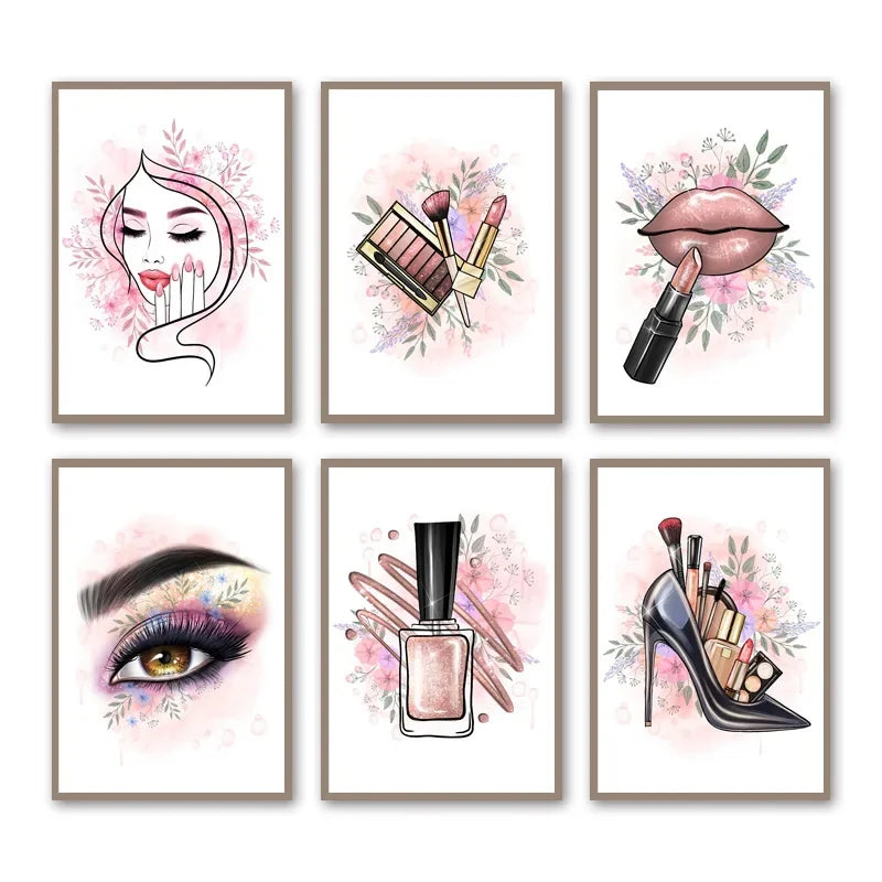 Makeup Beauty Nails Wall Art Print Eyebrow Lips Lipstick Lashes Canvas Painting Nordic Poster Bar Fashion Party Room Home Decor