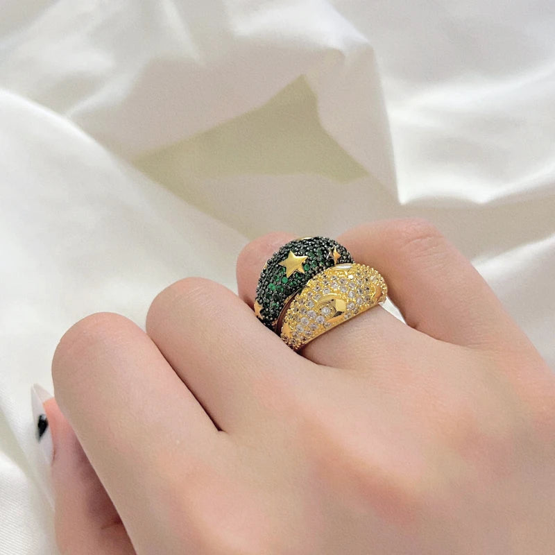 2025 Gold Color Rainbow Fashion Bling Moon Star Ring For Women Men Hip Hop Iced Out Paved Colorful Neon Enamel Luxury Jewelry