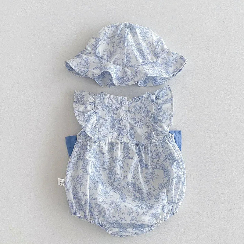 2025 New Summer Infant Baby Girls Bodysuits+Hat Sleeveless Cotton Flower Print Toddler Baby Girls Jumpsuit 0-24M Baby Clothing