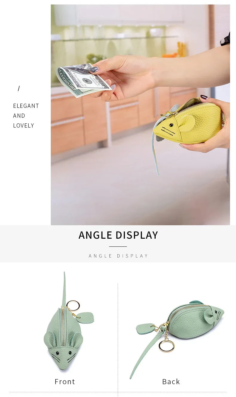 Women's Leather Mini Coin Pouch - Cute Mouse Keyring Lipstick Clutch Bag with Pendant Charm for Gift Essentials