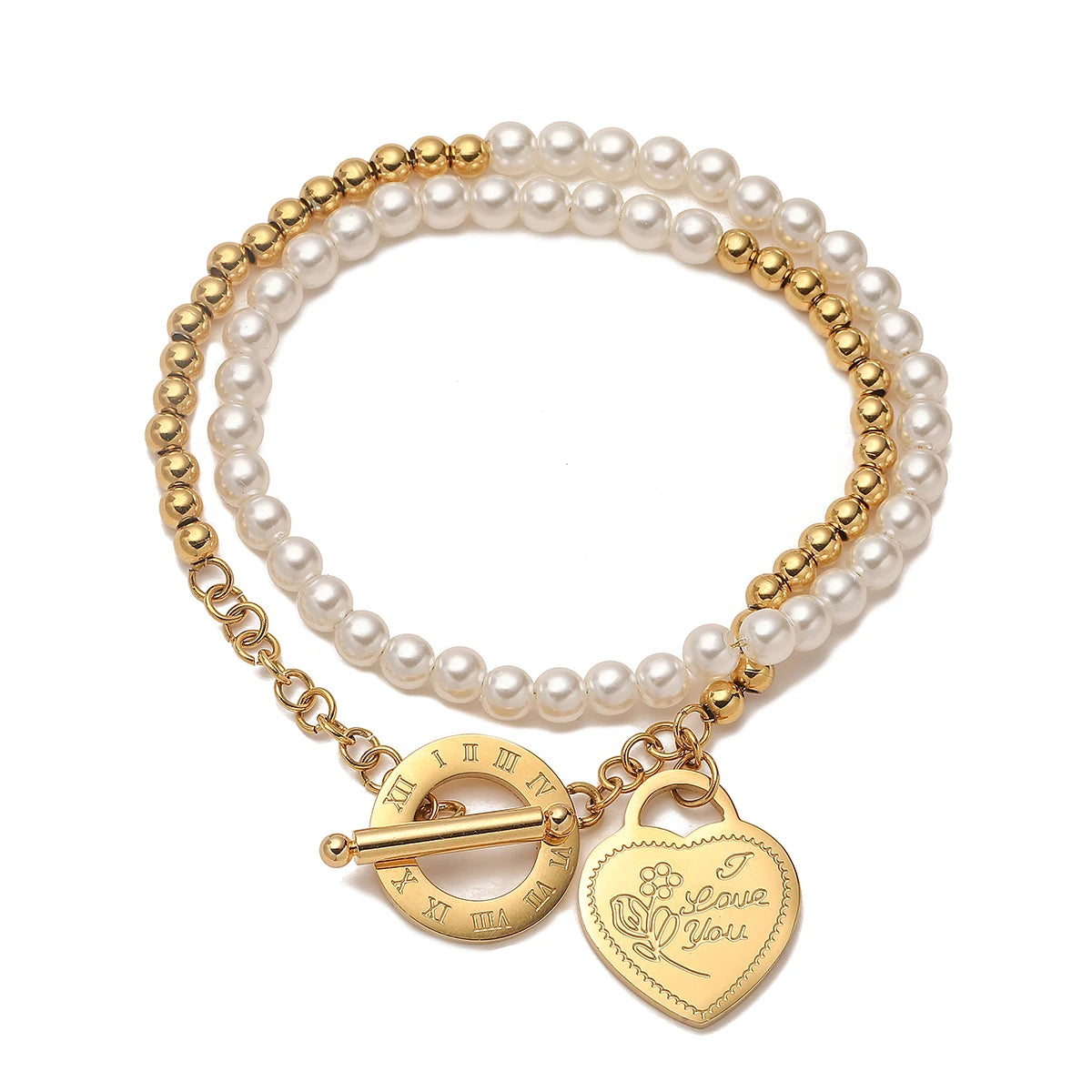 NEWBUY High Quality Non-Fading Stainless Steel Jewelry Silver/Gold Color Pearl Beads Double Layers Bracelets For Women