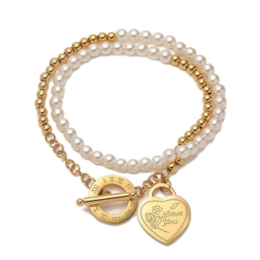NEWBUY High Quality Non-Fading Stainless Steel Jewelry Silver/Gold Color Pearl Beads Double Layers Bracelets For Women
