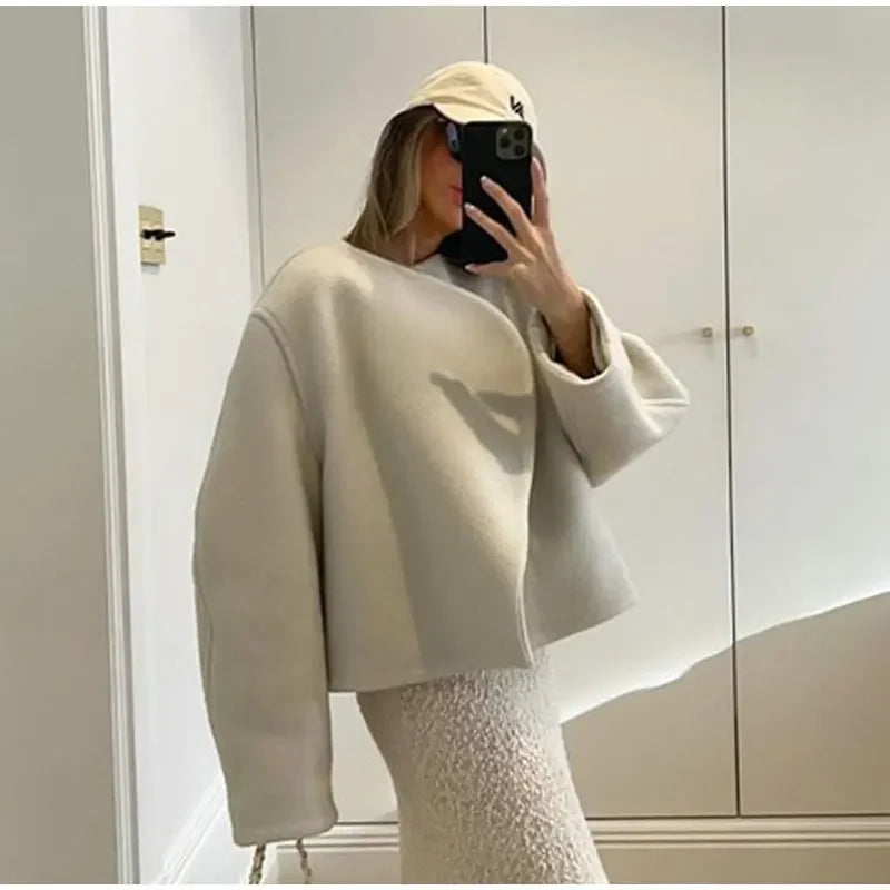 Women's Fashion Solid Thicken Cropped Jacket Top Long Sleeve Warm Autumn Winter Cardigan Female Casual Loose Woolen Streetwear