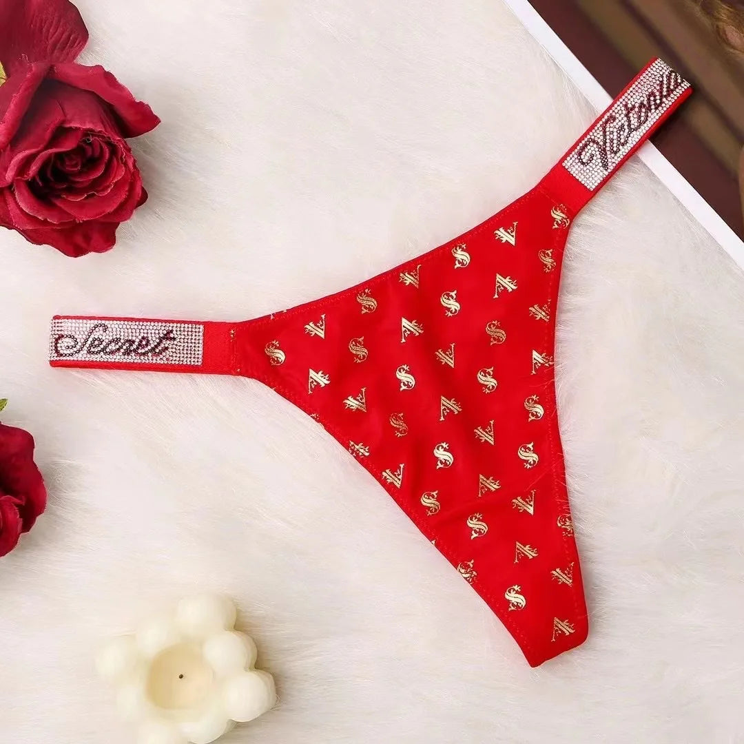 Fashion large size printed women's underwear comfortable rhinestone sexy underwear pink brand thong seamless t-pants metal chain