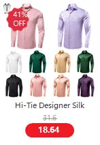 Hi-Tie Pure Black Silk Mens Shirts Plain Smooth Long Sleeve Formal Dress Blouse for Male Wedding Business Events Oversized Gift