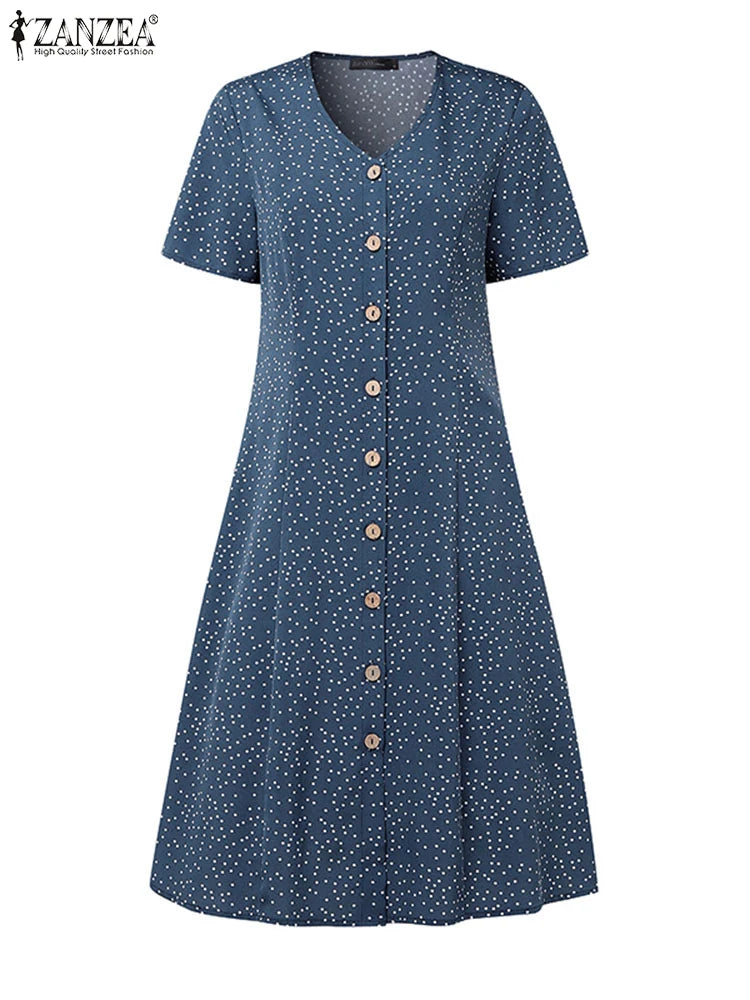 ZANZEA Women Summer Casual Dress 2025 Short Sleeve Polka Dot Bohemian Holiday Sundress V-Neck Loose Buttons Beach Vestidos Robe