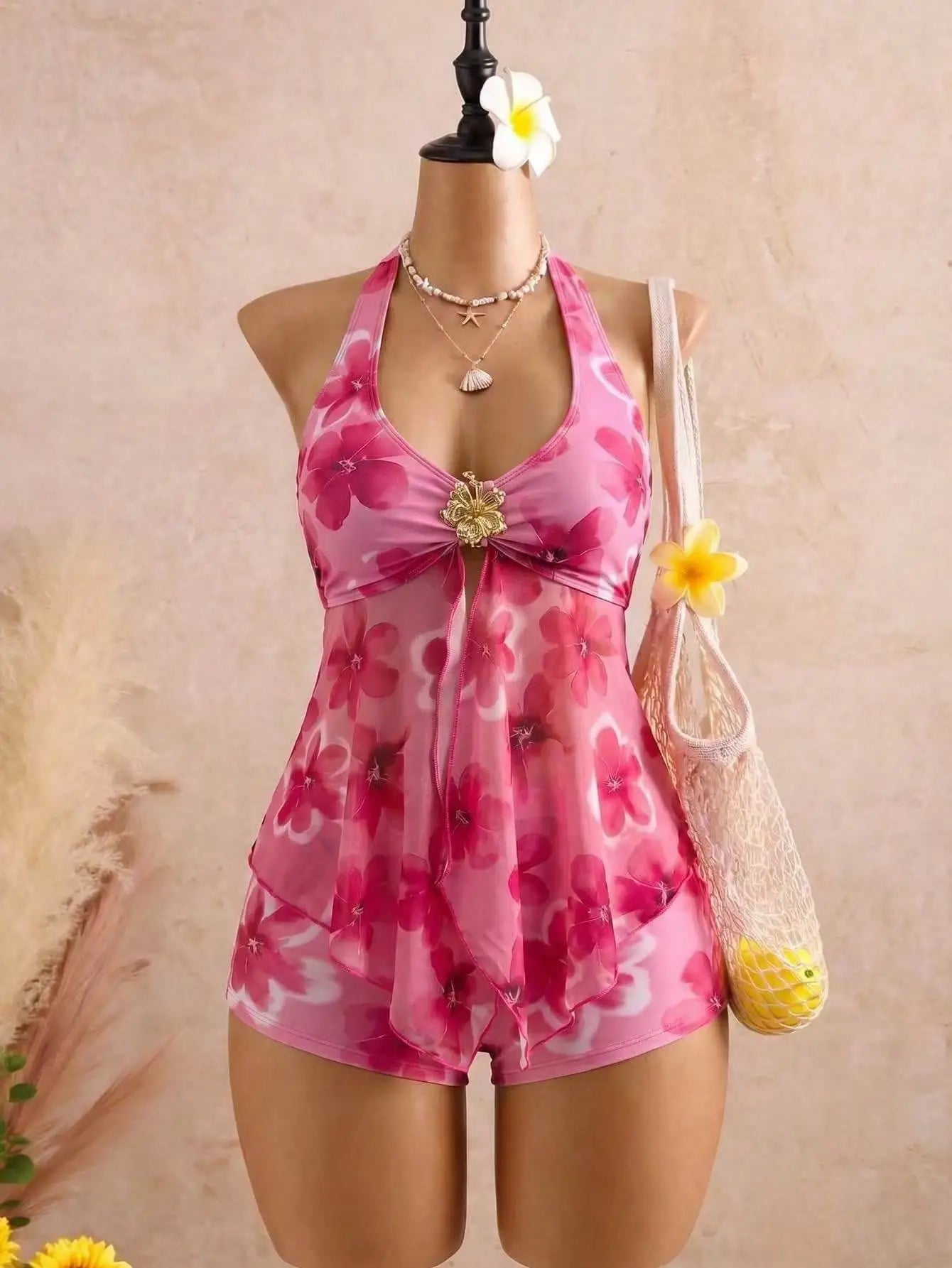 Beige Two Piece Bikini Set 2026 Women Metal Sun Ornament Mesh Tank Top High Waist Swimsuit Holiday Bathing Suit Swimwear