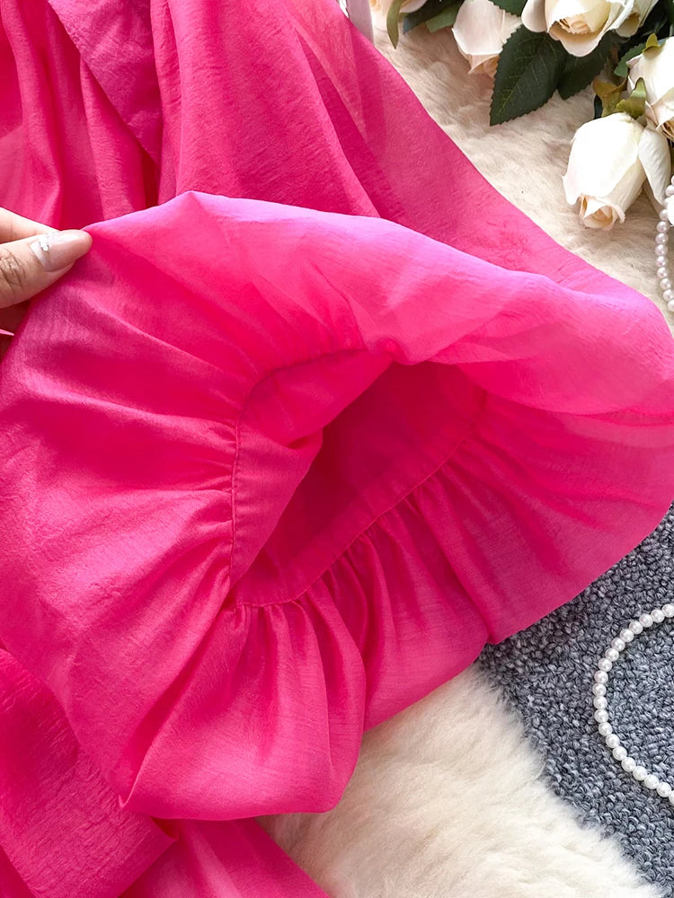 Summer Women's Puff Sleeve Shirt Dress Fashion Beach Vacation Party Birthday Blue White Exquisite Chiffon Mid Length Dress B06