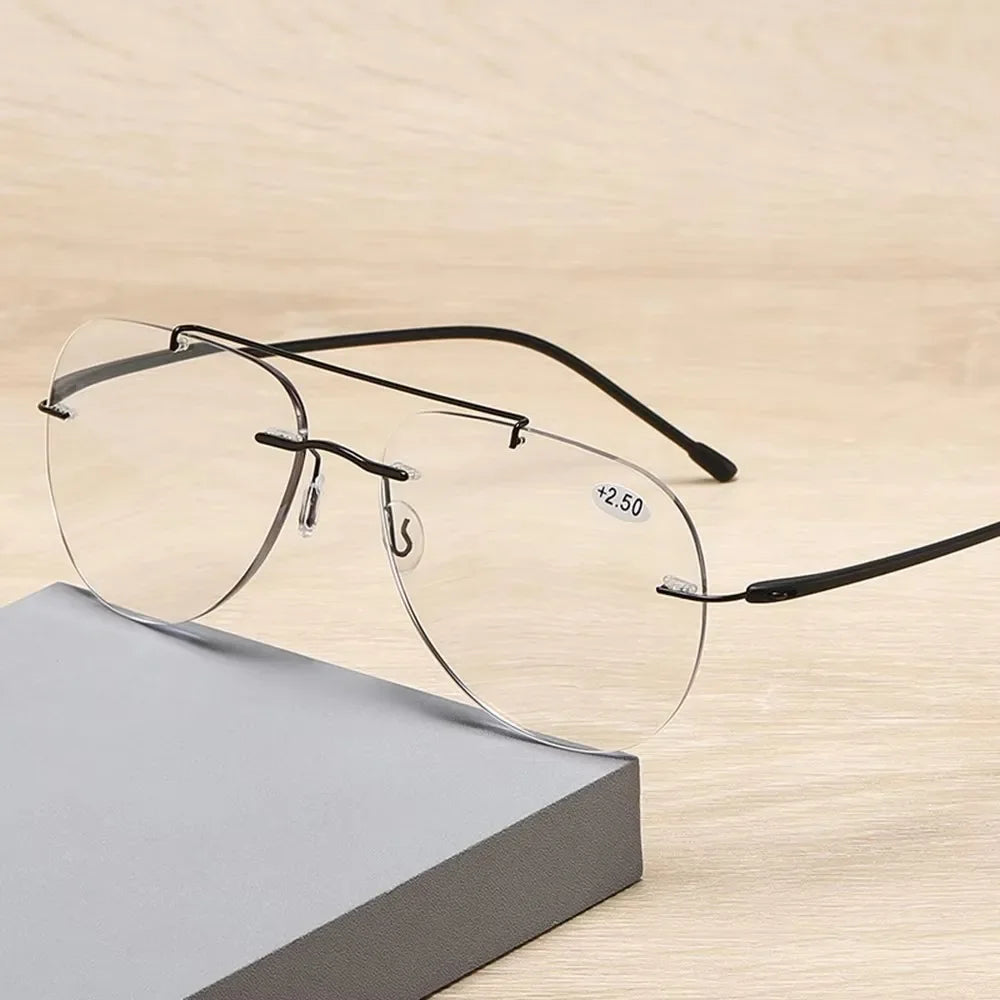 HDCRAFTER Multifocal Rimless Reading Glasses Photochromic Progressive Anti Blue Light Titanium Alloy Sun Glasses +100 to +400