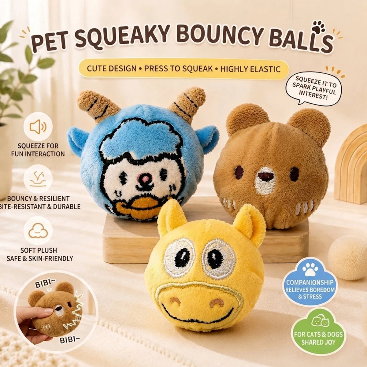 Cute Cartoon Plush Bouncy Ball Pet Toy Interactive Chew Toy for Dogs & Cats Ideal for Indoor Play of Small and Medium Pets