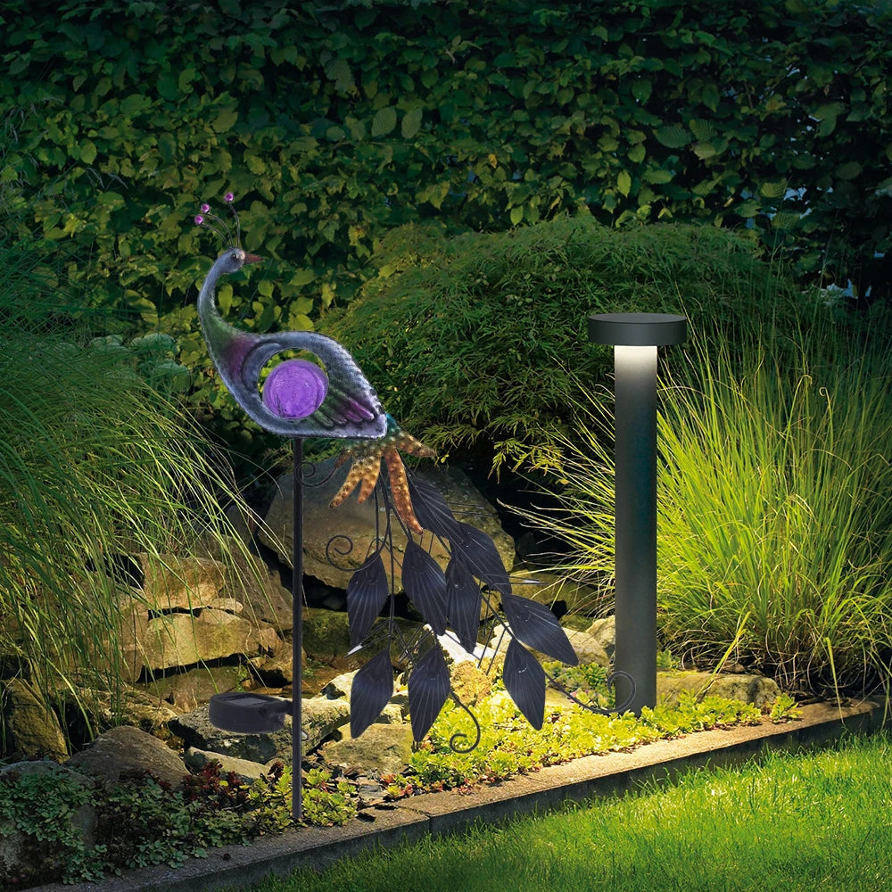 1pc Peacock Solar Garden Light, Solar Landscape Lights Metal Solar Pathway Stake Lights with Crackle Glass Ball Decor Lights