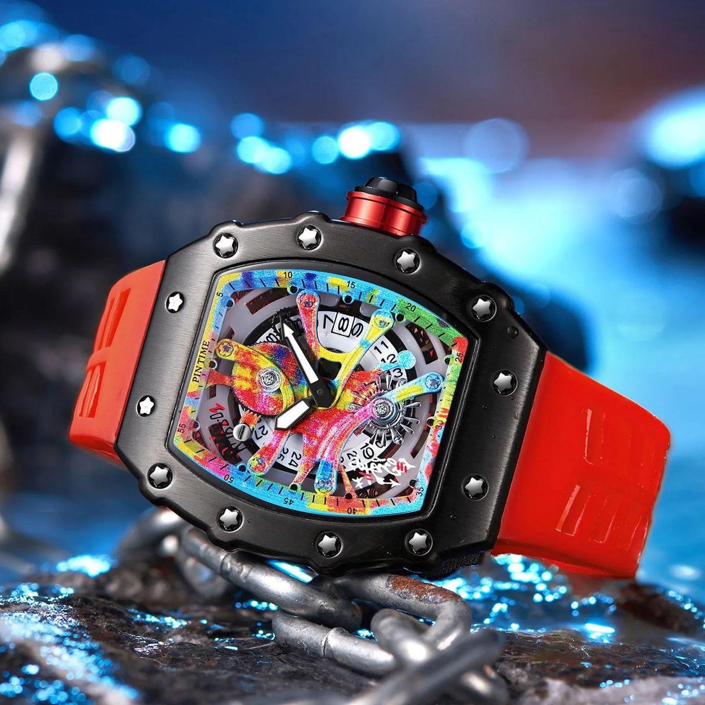 High-end Colored Hip Hop Dial  PINTIME Watch for Men Silicone Strap Stainless Steel Case Fashion Waterproof Quartz Wristwatch