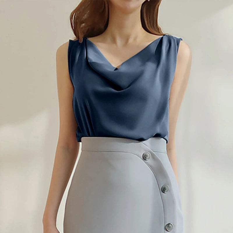 ZANZEA 2025 Elegant Korean Tanks Women Satin Silk Solid Color Sleeveless Tank Tops Fashion Sexy Office Lady Cowl Neck Camisole