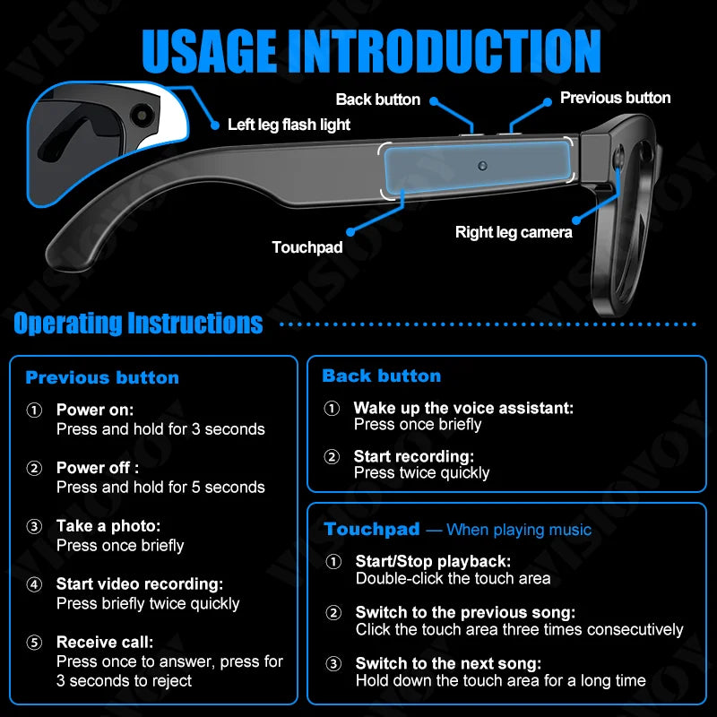 AI Smart Glasses Built-in HD Camera Glasses Bluetooth Wireless Audio Intelligent Glasses Anti-glare Anti-blue connected glasses