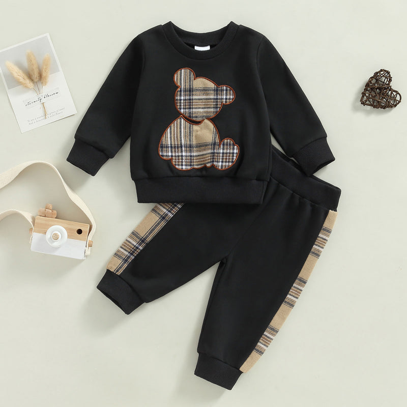 0-24months Baby Spring Autumn Clothes Set Long Sleeve Bear Sweatshirt With Plaid Sweatpants For Infant Boys And Girls Outfits