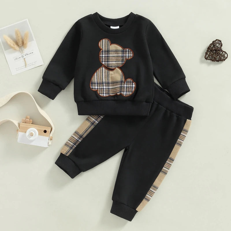 0-24months Baby Spring Autumn Clothes Set Long Sleeve Bear Sweatshirt With Plaid Sweatpants For Infant Boys And Girls Outfits