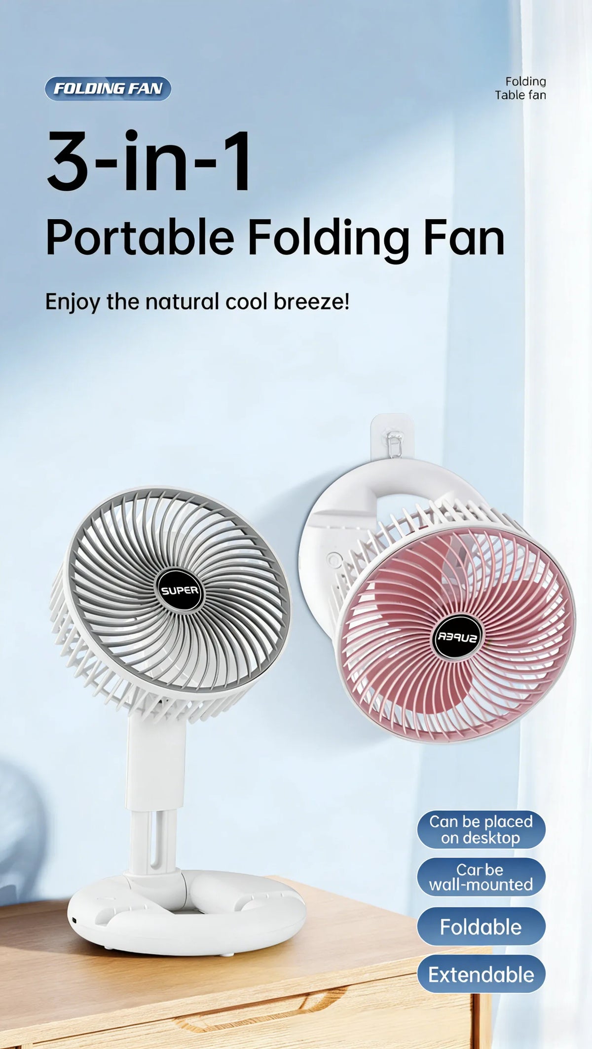 3-in-1 Telescopic Cool Fan USB Charing Folding Desktop Circulator 3-Speed No-Drill Wall Mount Electric Fan for Dorm Home Office