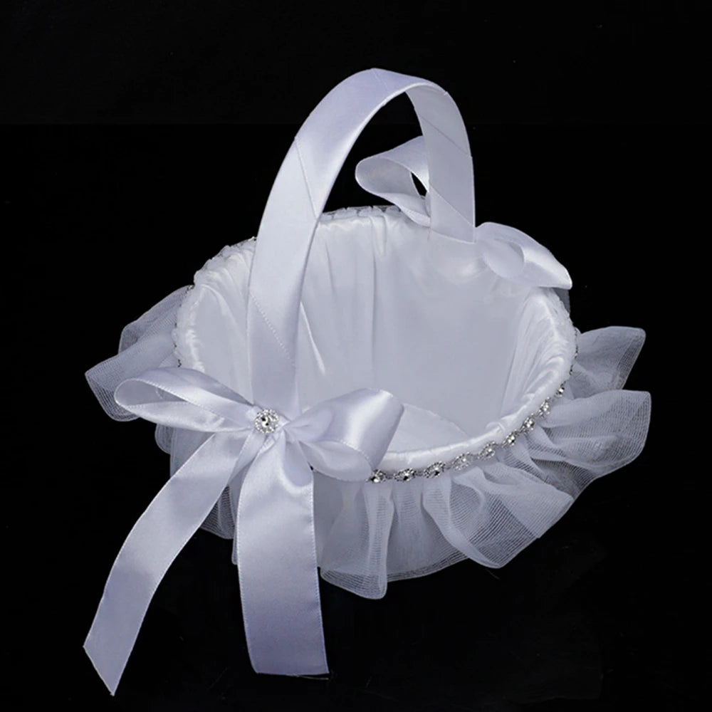 White Flower Girls Basket Simple Wedding Flower Basket  Bride Bridesmaid Hand Held Basket Wedding Ceremony Party Decorations