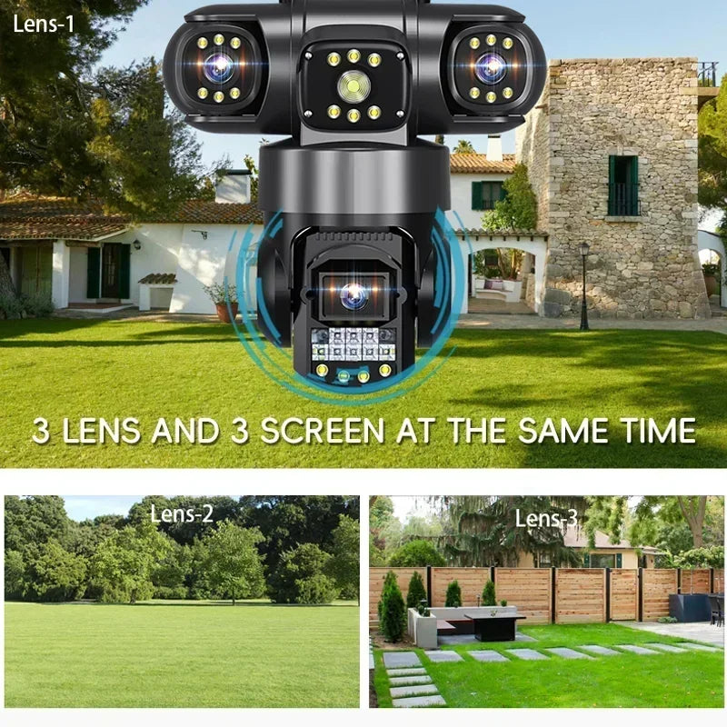 15MP Wifi Security Monitor Cameras PTZ Outdoor Waterproof Three Lens Three Screens Camera 10X Zoom Human Detection Wireless Cam