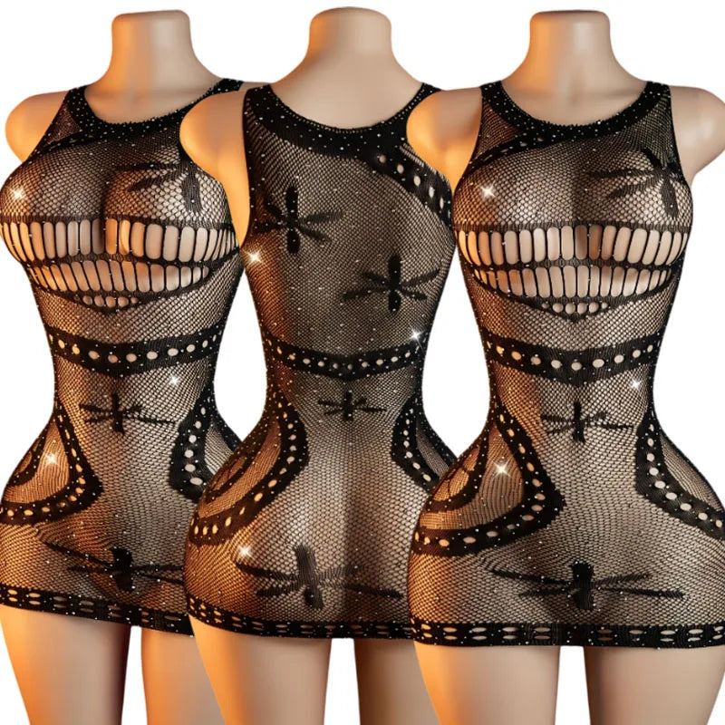 Women Sexy Fishnet Rhinestone Bodysuit See Through Without Bikini Hollow Out Bodycon Dress Summer Women's Swimwear Y2K
