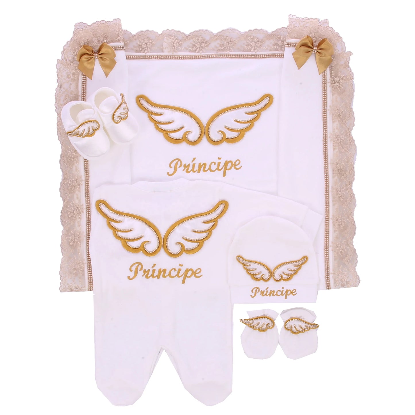 Dollbling Newborn 5pcs Layette Outfits Set Baby Tuxedo Outfit 0-3M Handmade Embroidery Wheat Jewels Crown Parajams Gift Set