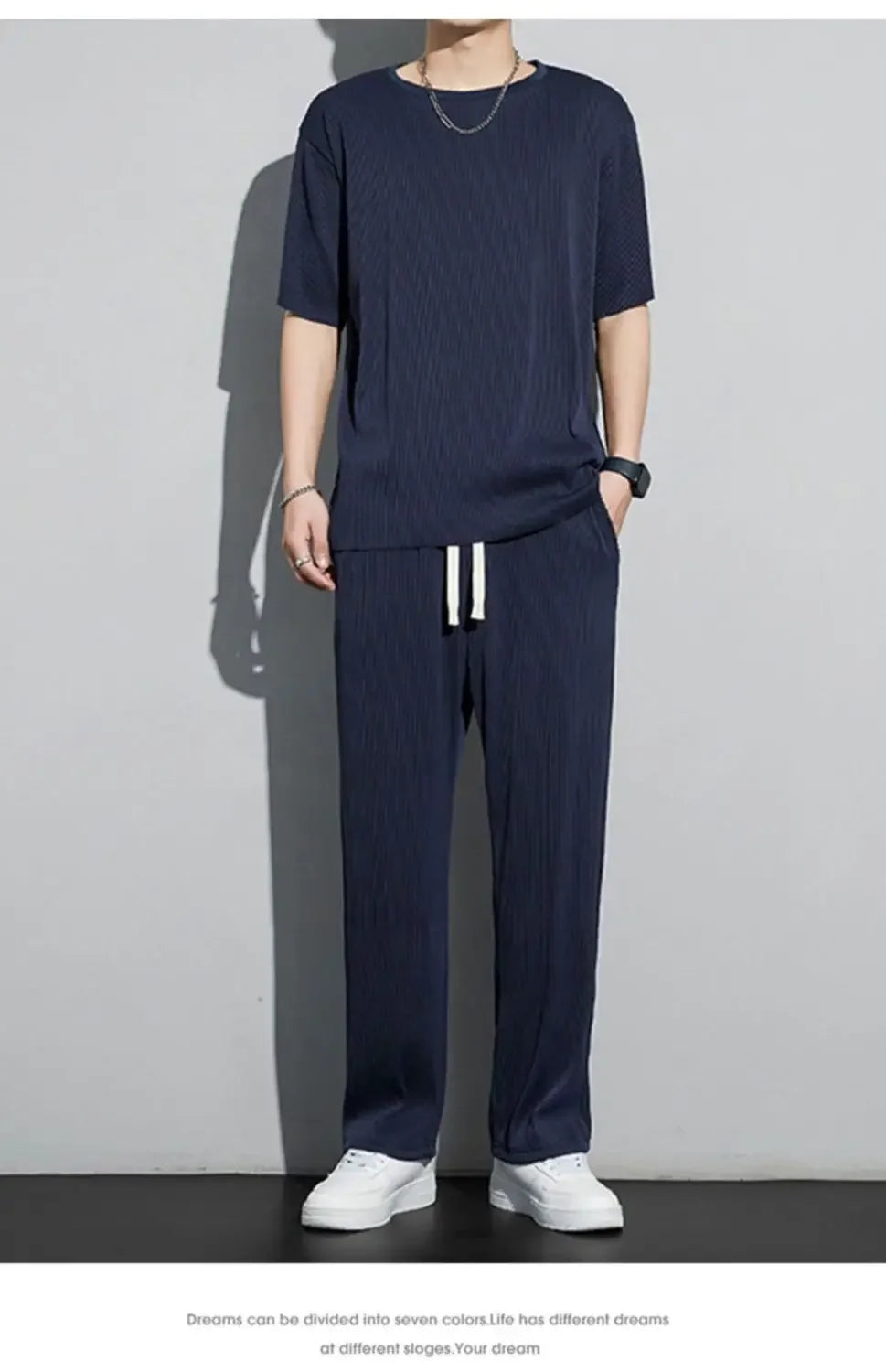 Men's Wrinkled Ice Silk Sports Set 2026 Summer New Short sleeved Long Pants Two piece Set Fashionable Breathable and Cool