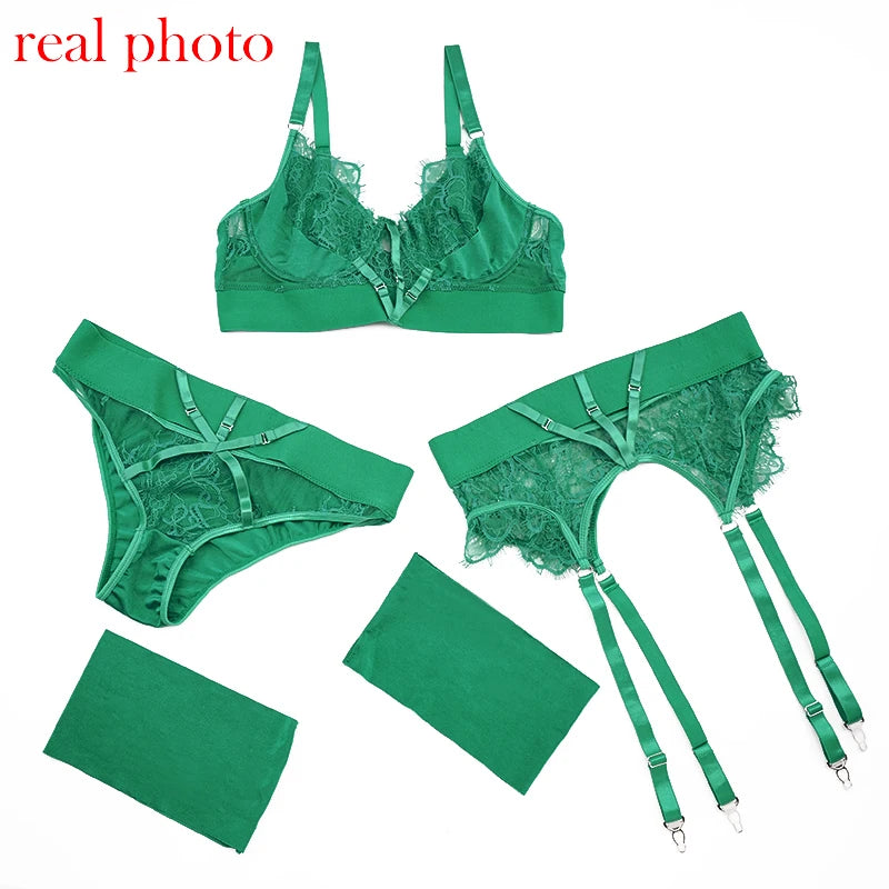 Sexy Bra Green Lingerie For Woman Erotic Underwear Set Lace Bandage Bralette Set Sexy Push up Lenceria 3 Piece Set